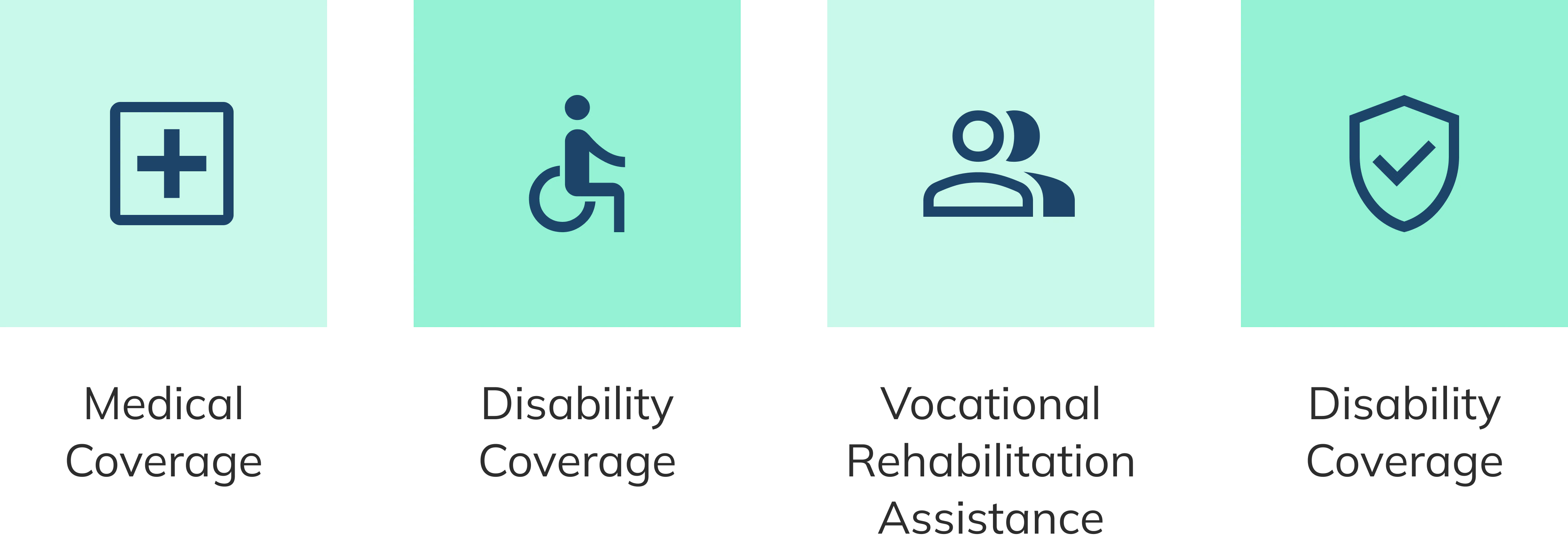 Medical Coverage, Disability Benefits, Vocational Rehabilitation Assistance, Death Benefits